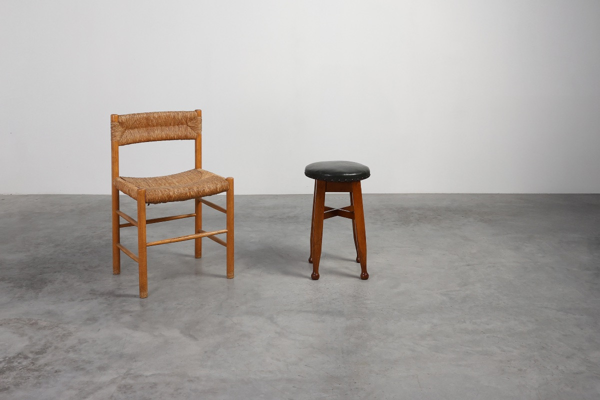 Tabouret en chêne et cuir, début Art Déco & Arts and Crafts, France, années 1920-photo-3