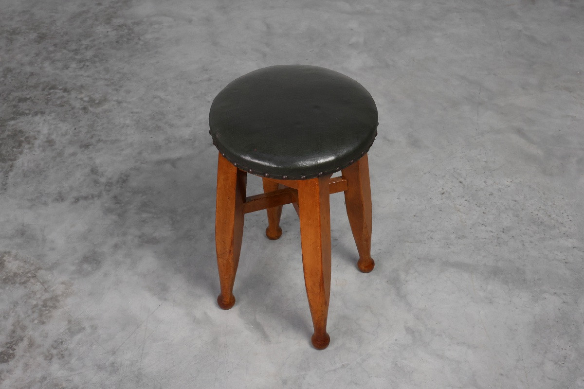 Tabouret en chêne et cuir, début Art Déco & Arts and Crafts, France, années 1920-photo-4