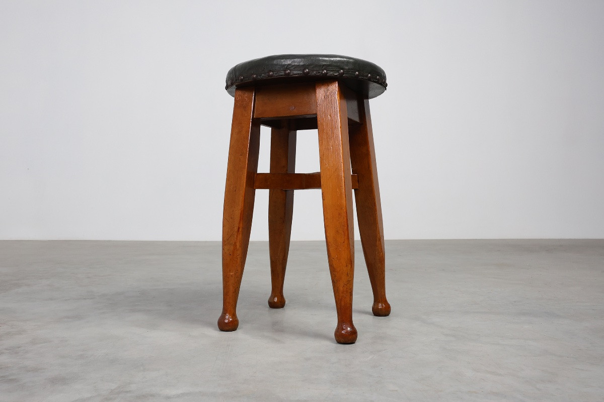 Tabouret en chêne et cuir, début Art Déco & Arts and Crafts, France, années 1920-photo-4