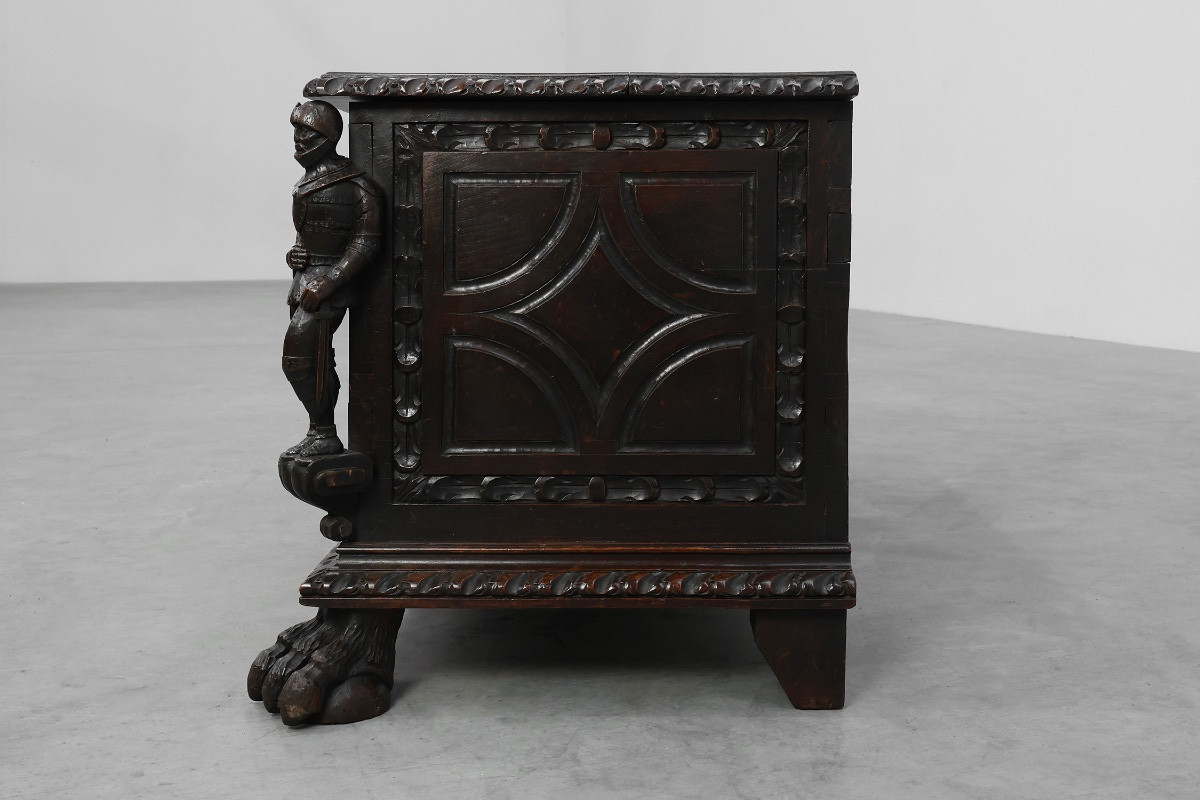 Coffre à couvertures en chêne de style néo-Renaissance français, XIXe siècle-photo-8