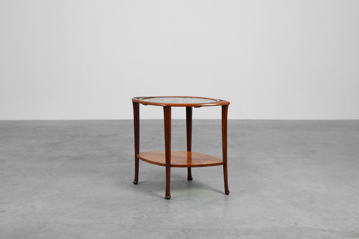 Table d'appoint Art nouveau en noyer et marbre, France, vers 1915-photo-2