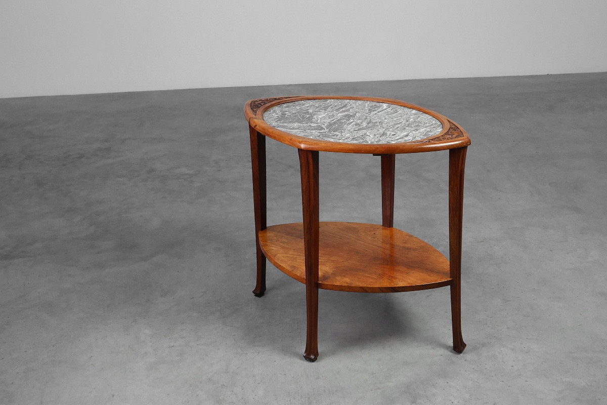 Table d'appoint Art nouveau en noyer et marbre, France, vers 1915-photo-4