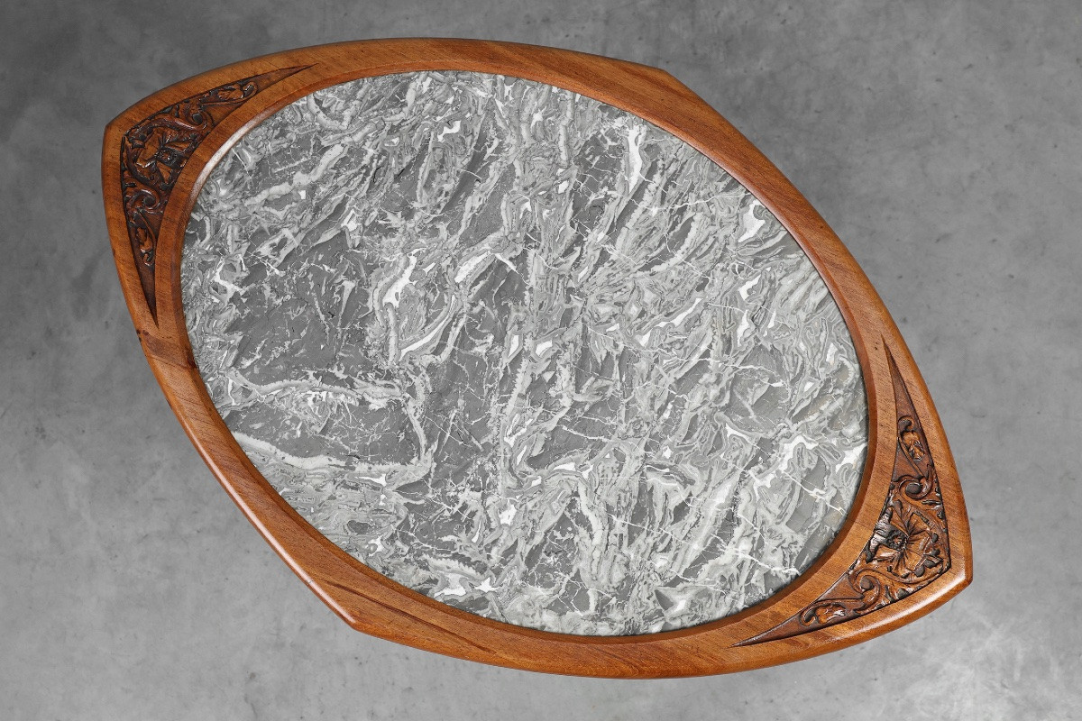Table d'appoint Art nouveau en noyer et marbre, France, vers 1915-photo-7