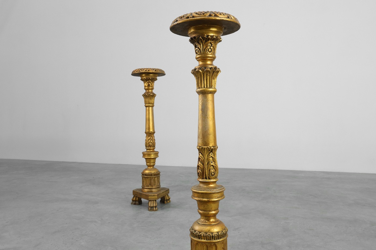 Pair Of Giltwood Pedestals Decorated With Plaster, France, 19th Century-photo-3