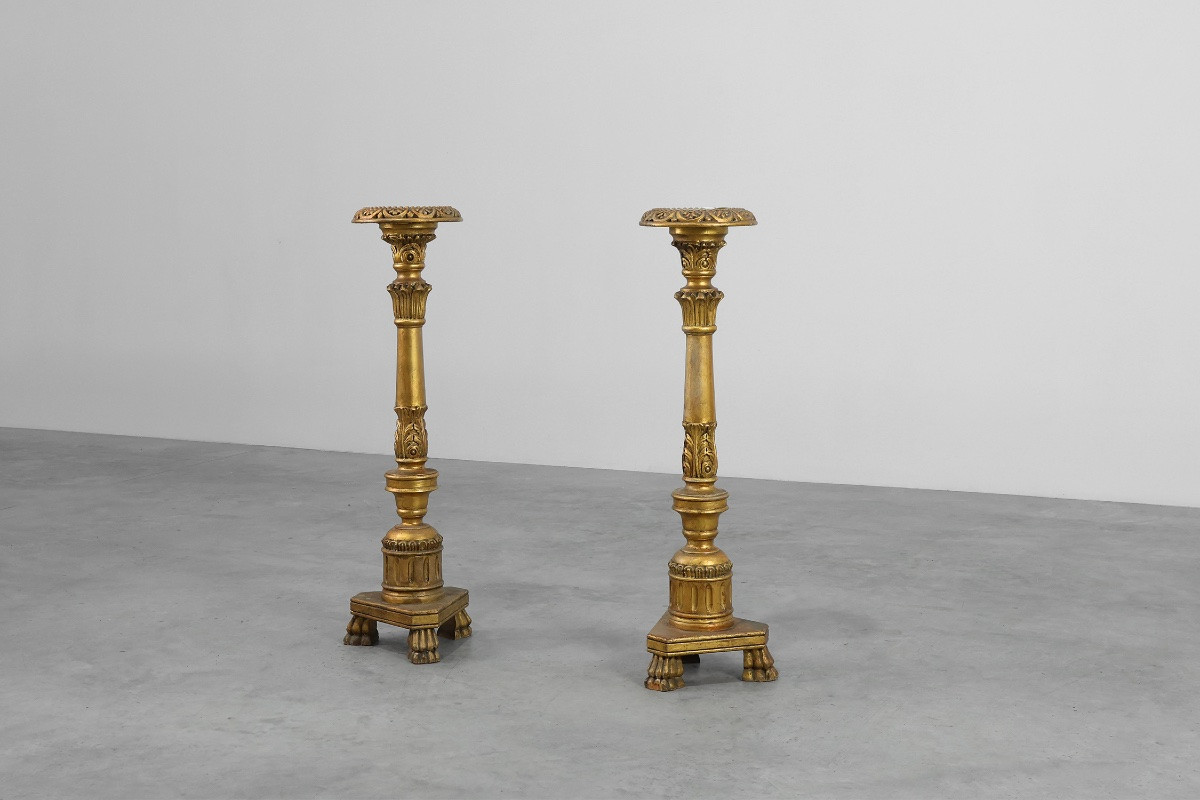 Pair Of Giltwood Pedestals Decorated With Plaster, France, 19th Century-photo-1