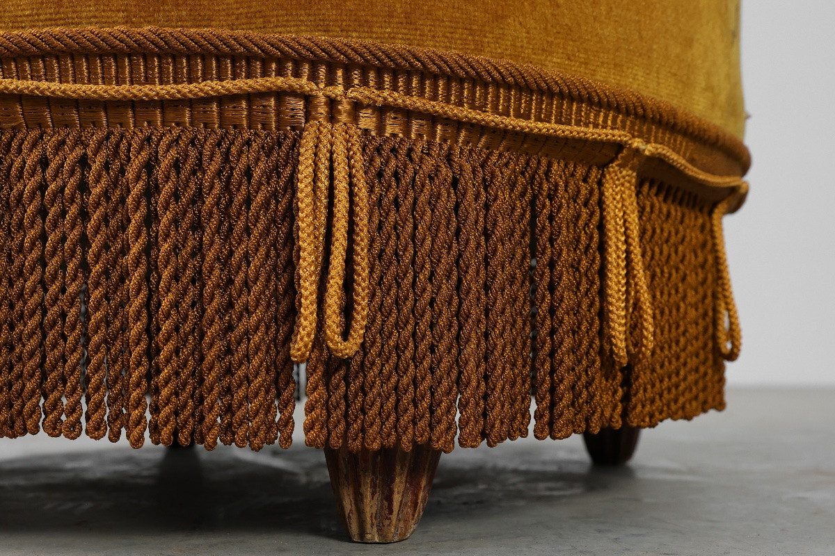 Pouf jaune moutarde en bois et velours, France, années 1950-photo-2