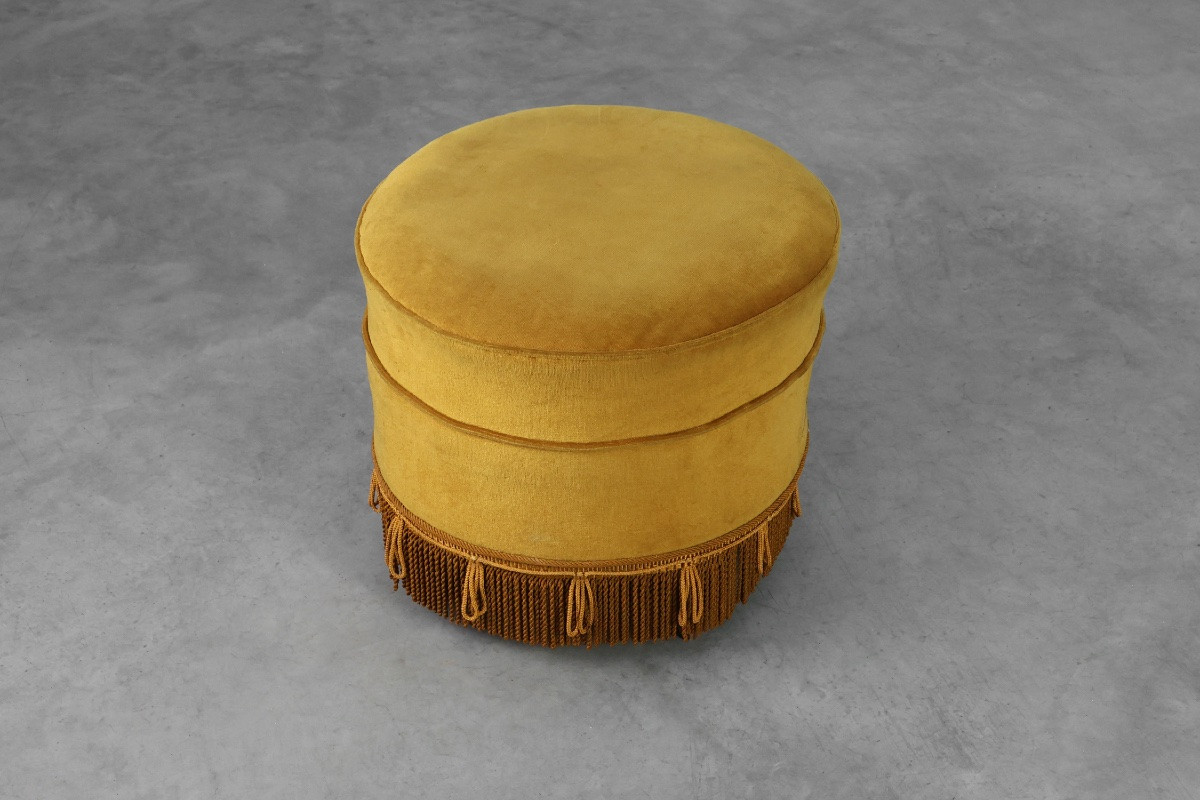 Pouf jaune moutarde en bois et velours, France, années 1950-photo-3