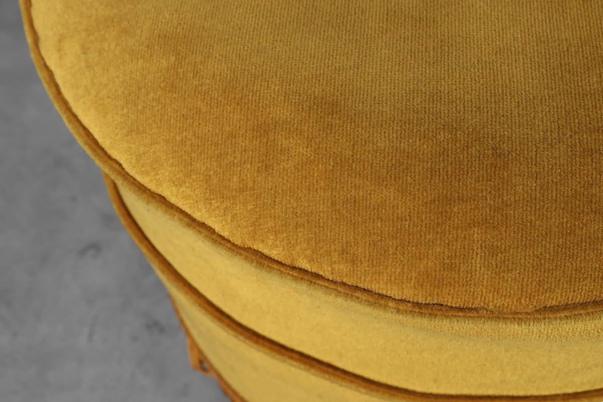 Pouf jaune moutarde en bois et velours, France, années 1950-photo-4