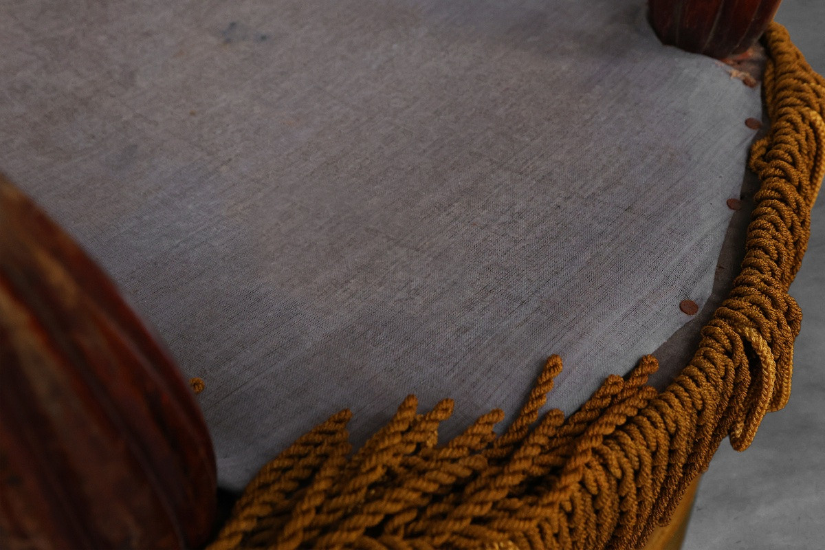Pouf jaune moutarde en bois et velours, France, années 1950-photo-7