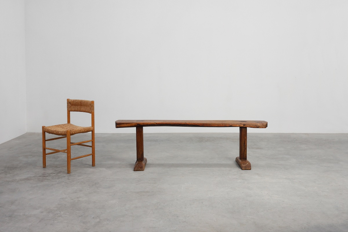 Paire de bancs rustiques en chêne, France 1850-photo-2