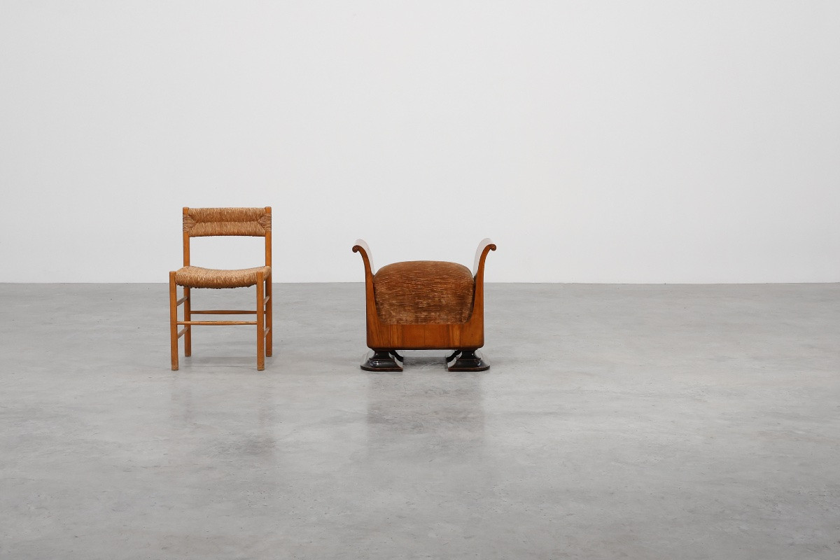 Tabouret Art Déco en noyer avec revêtement en velours d'origine, Italie vers 1920-photo-2