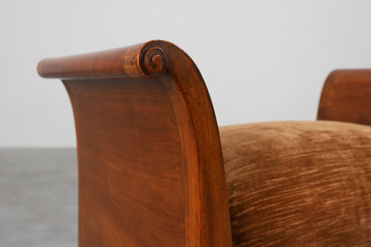 Tabouret Art Déco en noyer avec revêtement en velours d'origine, Italie vers 1920-photo-1