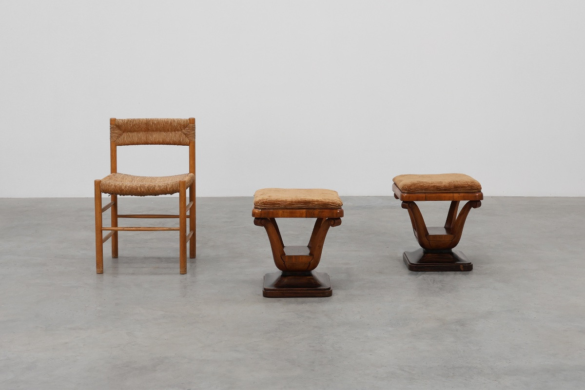 Paire de tabourets Art Déco en noyer avec tissu d'origine, Italie, 1920-photo-2