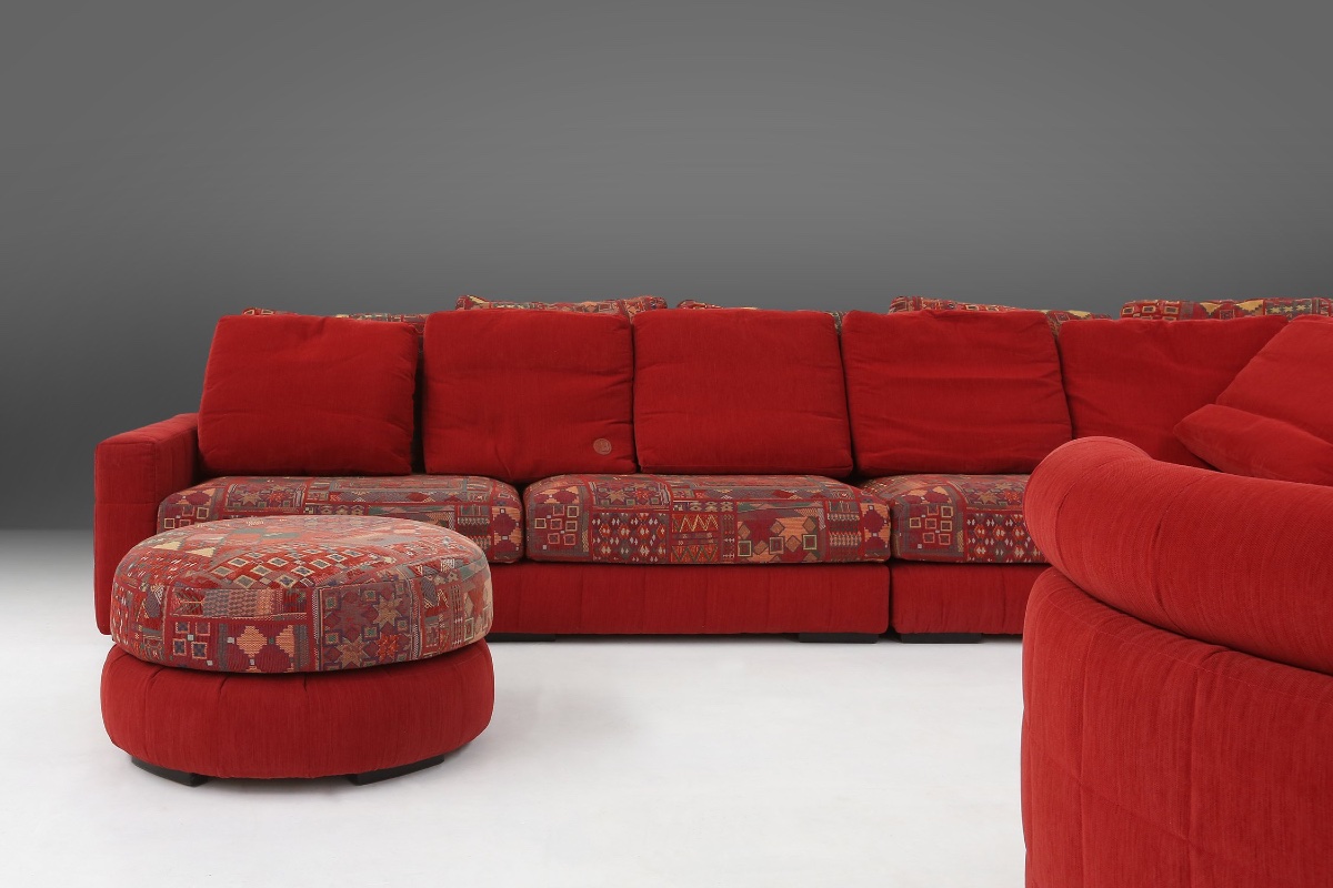 Modular Red Sofa And Patterned Fabric By Roche Bobois, France, 1980s-photo-4
