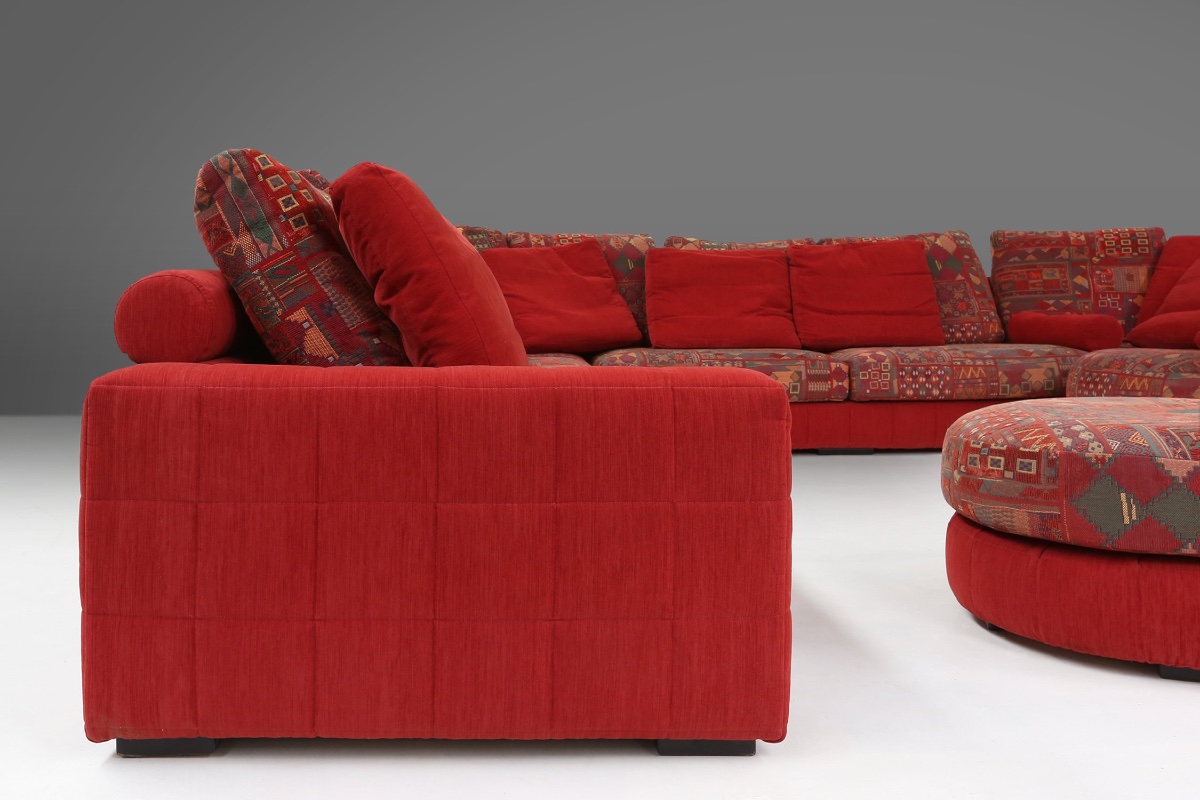Modular Red Sofa And Patterned Fabric By Roche Bobois, France, 1980s-photo-2