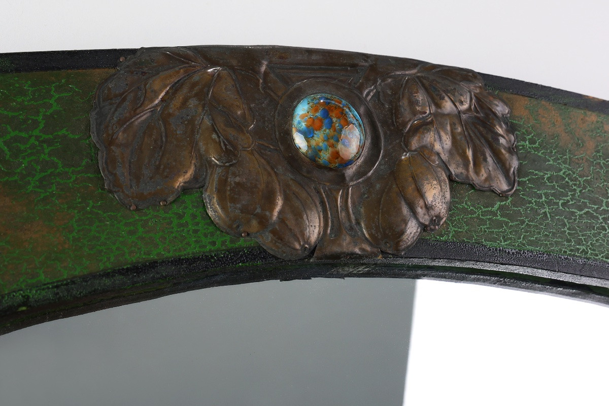 Miroir Arts & Crafts en métal vert orné de verre, France vers 1905-photo-3