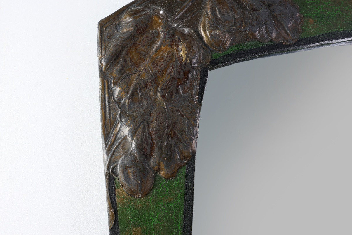 Miroir Arts & Crafts en métal vert orné de verre, France vers 1905-photo-4