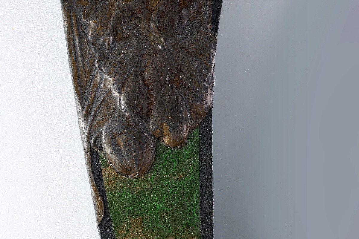 Miroir Arts & Crafts en métal vert orné de verre, France vers 1905-photo-1
