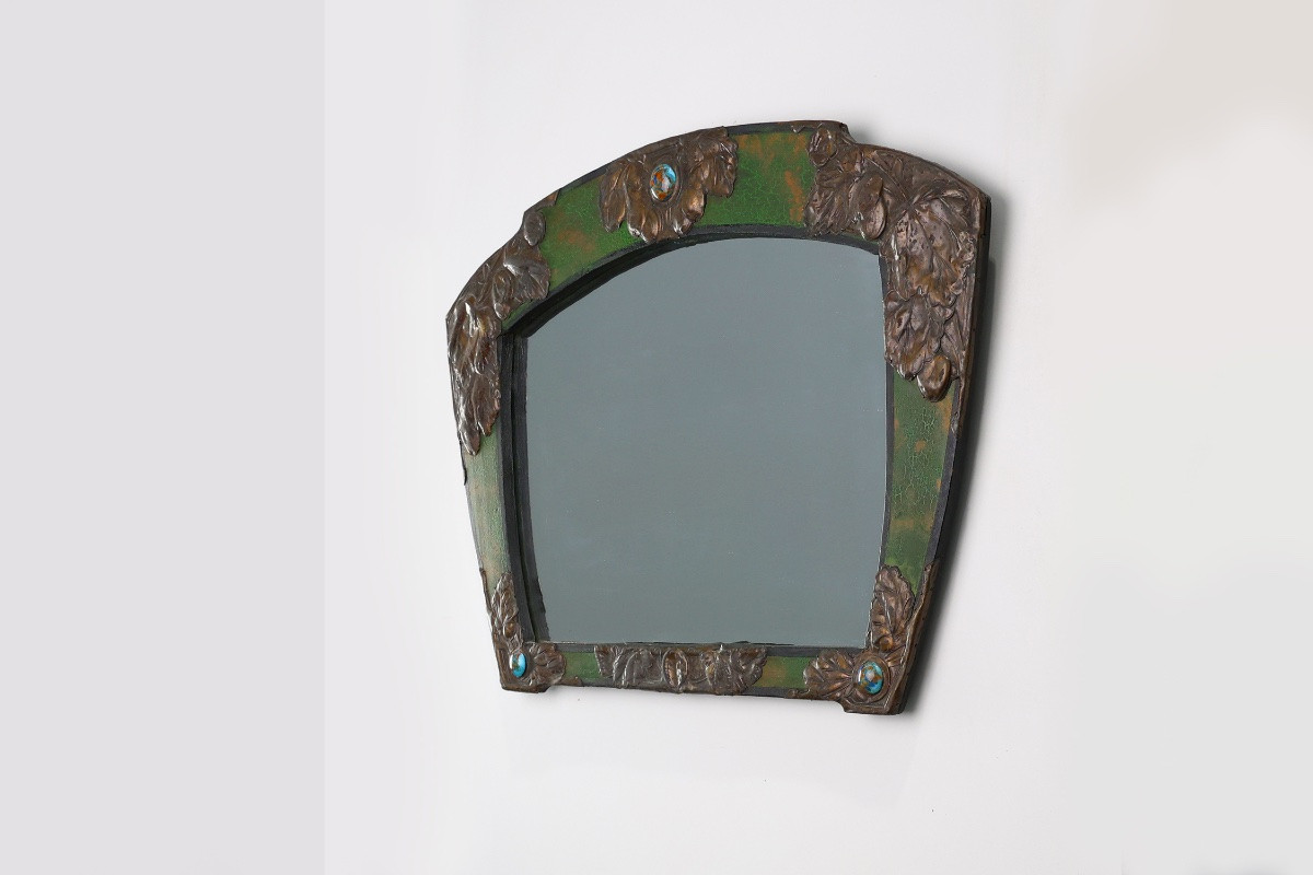 Miroir Arts & Crafts en métal vert orné de verre, France vers 1905-photo-2