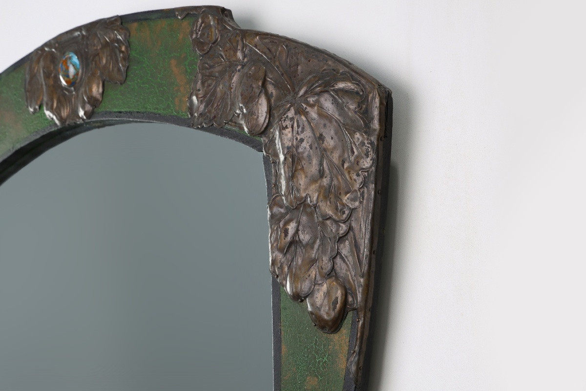 Miroir Arts & Crafts en métal vert orné de verre, France vers 1905-photo-3