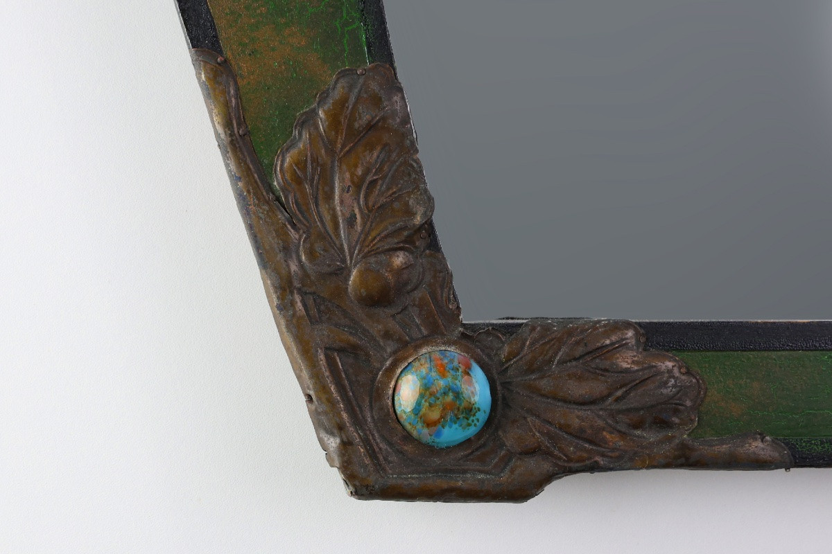 Miroir Arts & Crafts en métal vert orné de verre, France vers 1905-photo-4