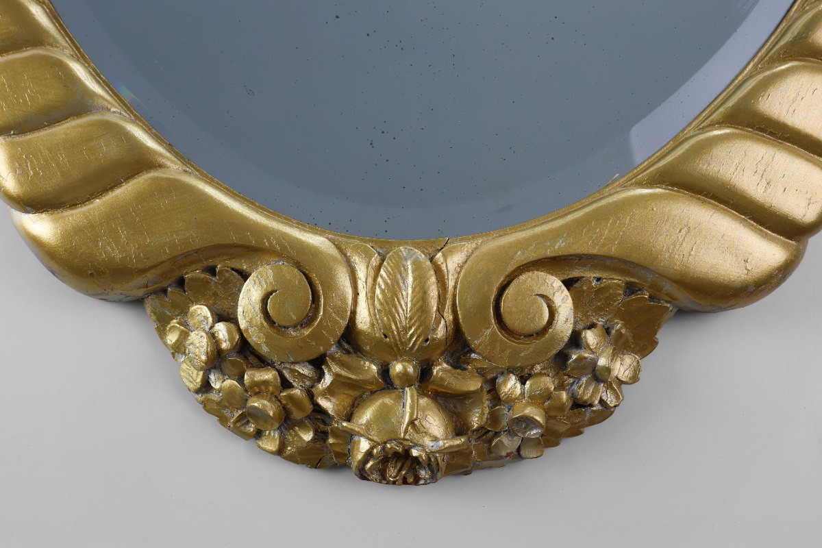 Oval Art Deco Mirror In Carved Gilt Wood, France, Circa 1920-photo-4