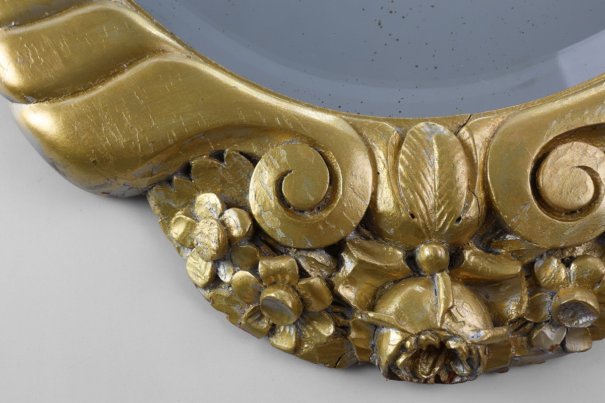 Oval Art Deco Mirror In Carved Gilt Wood, France, Circa 1920-photo-1