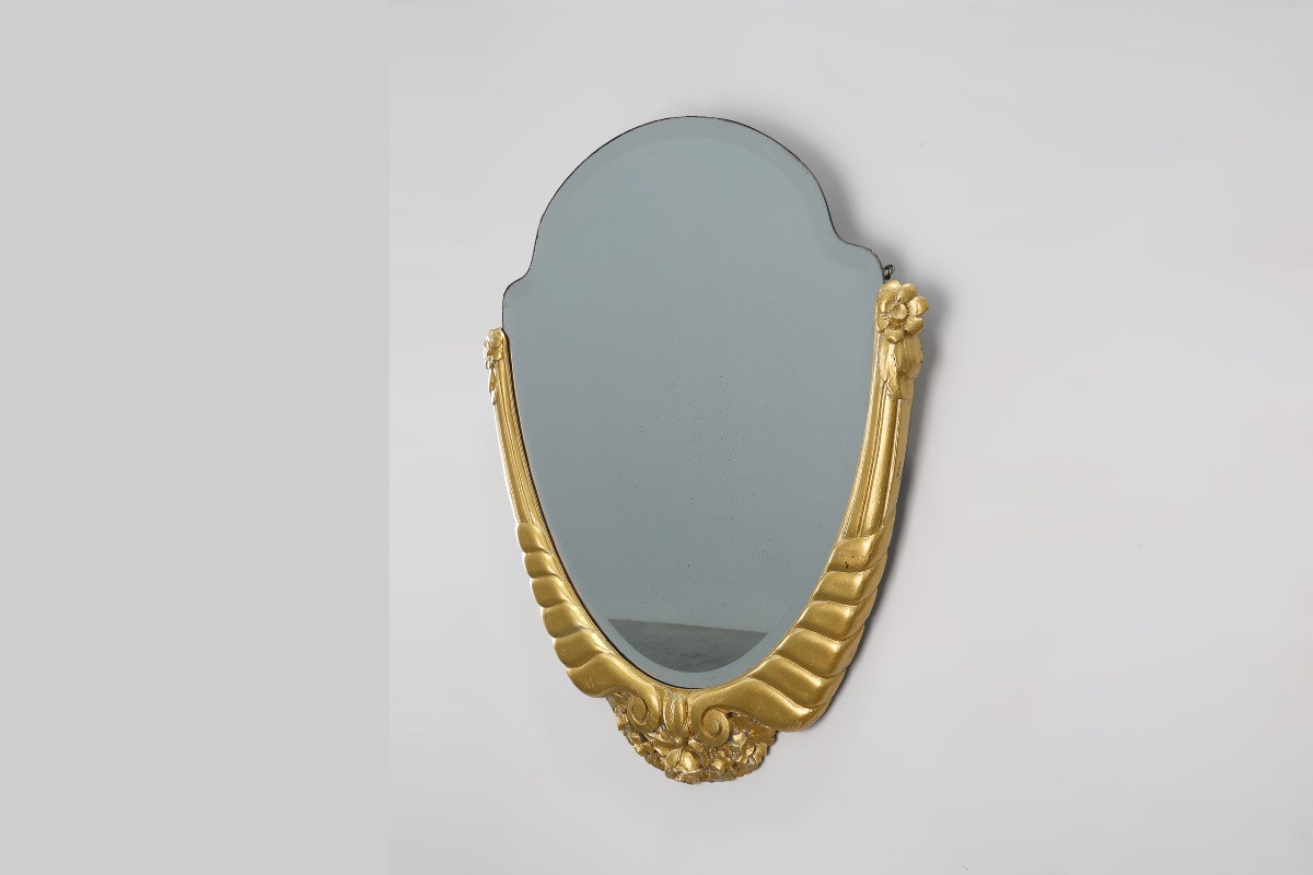 Oval Art Deco Mirror In Carved Gilt Wood, France, Circa 1920-photo-2