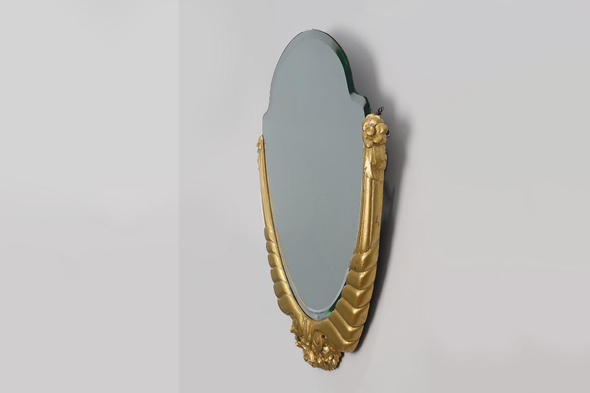 Oval Art Deco Mirror In Carved Gilt Wood, France, Circa 1920-photo-4
