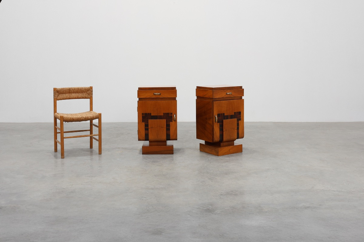 Set Of Two Geometric Art Deco Bedside Tables In Wood, Italy, 1920s-photo-2