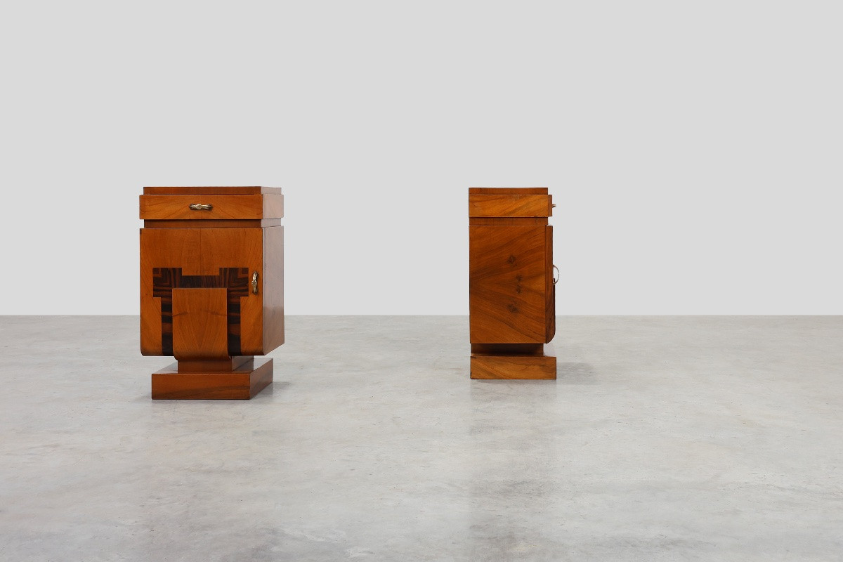 Set Of Two Geometric Art Deco Bedside Tables In Wood, Italy, 1920s-photo-2