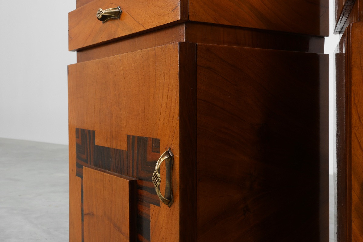 Set Of Two Geometric Art Deco Bedside Tables In Wood, Italy, 1920s-photo-6