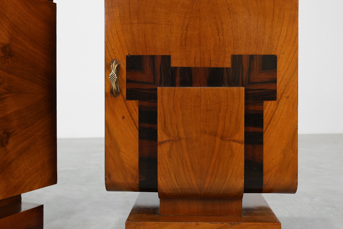 Set Of Two Geometric Art Deco Bedside Tables In Wood, Italy, 1920s-photo-7