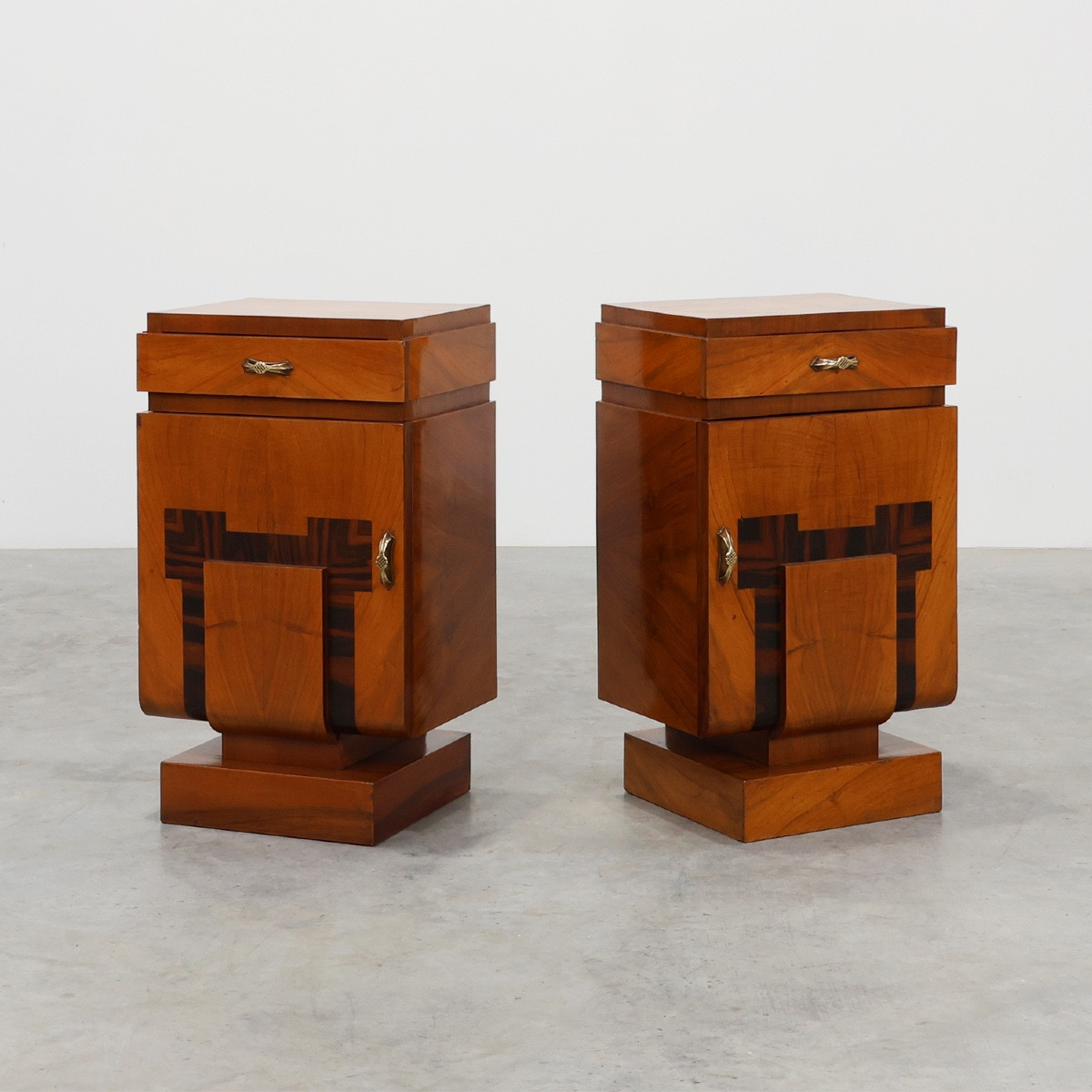 Set Of Two Geometric Art Deco Bedside Tables In Wood, Italy, 1920s
