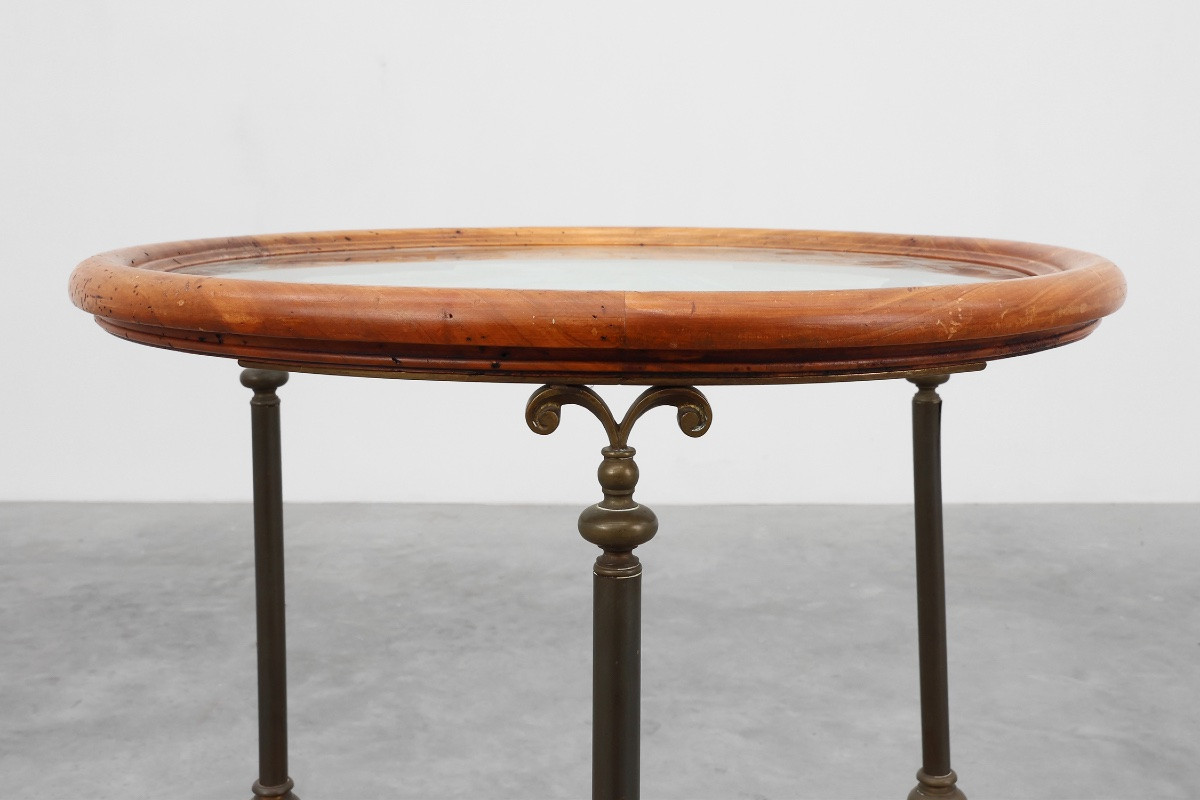 Chariot de service rustique en cuivre et noyer avec plateau en verre, France vers 1900-photo-2