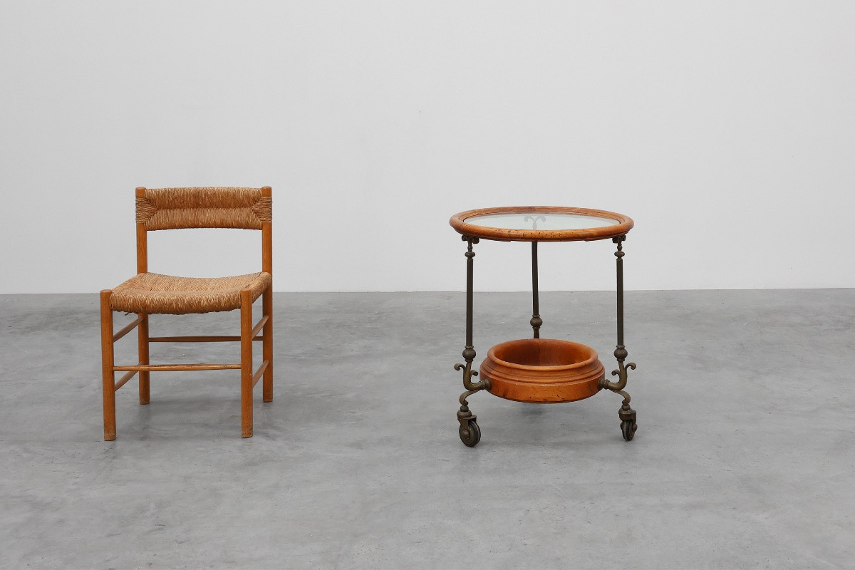 Chariot de service rustique en cuivre et noyer avec plateau en verre, France vers 1900-photo-4