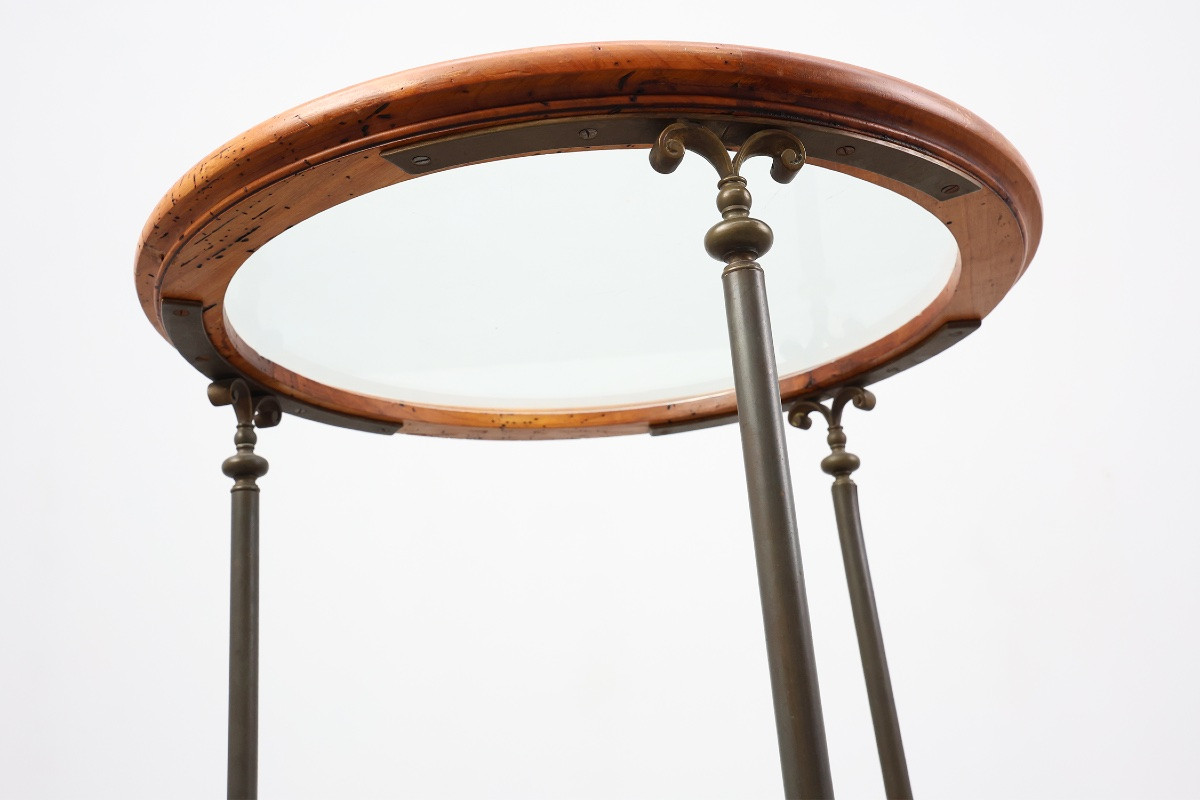Chariot de service rustique en cuivre et noyer avec plateau en verre, France vers 1900-photo-3