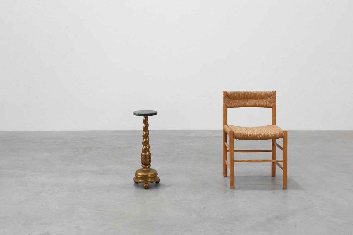 Art Deco Side Table Or Pedestal With Green Marble Top And Bronze Base-photo-2