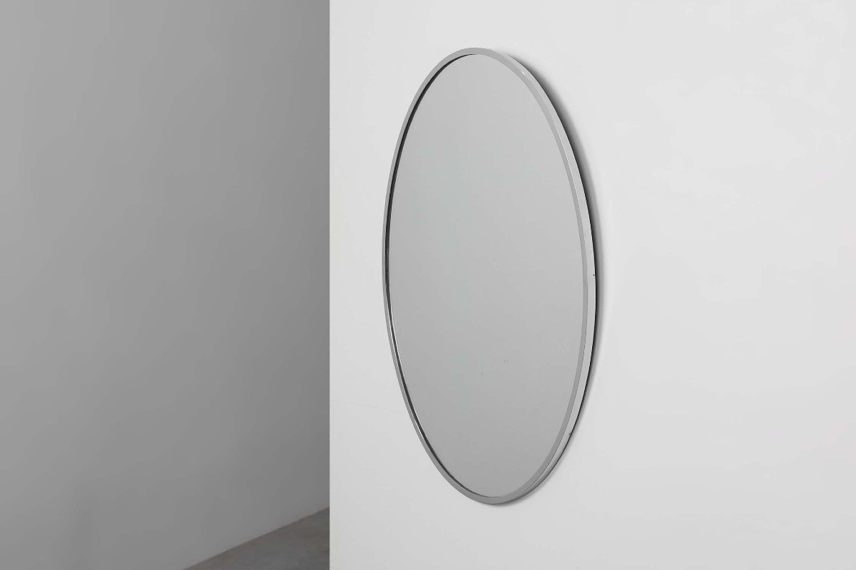 Miroir ovale Art déco en métal nickelé, Belgique, vers 1925-photo-4