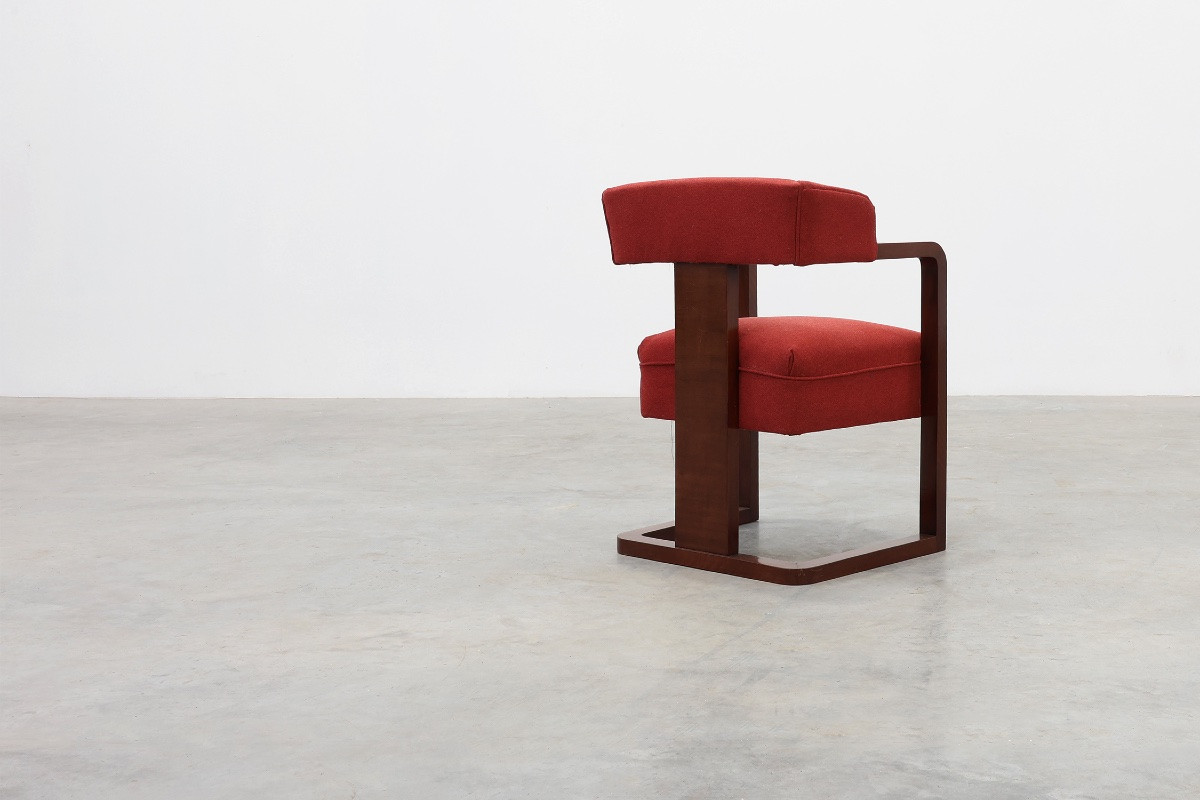 Fauteuil Art déco rouge retapissé, Belgique, vers 1920-photo-3