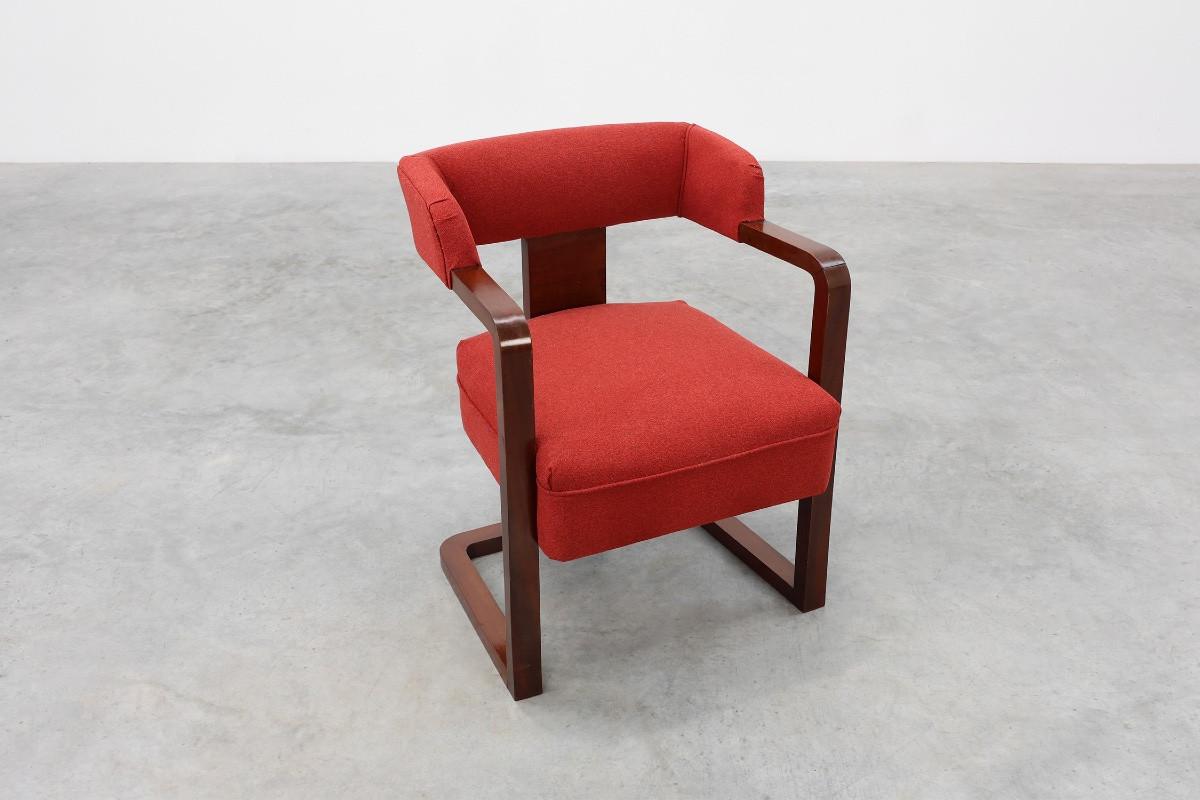 Fauteuil Art déco rouge retapissé, Belgique, vers 1920-photo-4