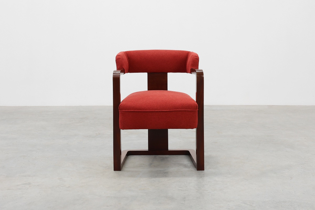 Fauteuil Art déco rouge retapissé, Belgique, vers 1920-photo-2