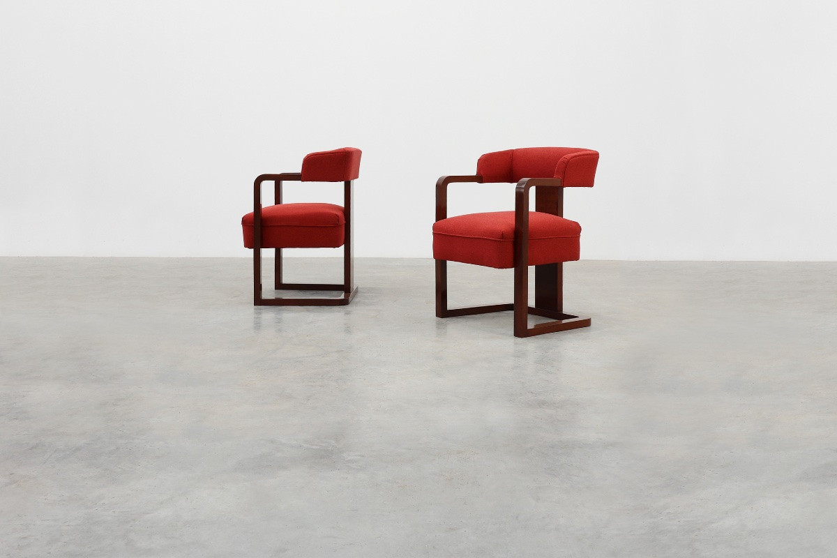 Ensemble de deux chaises Art déco rouges retapissées, Belgique, vers 1920-photo-4