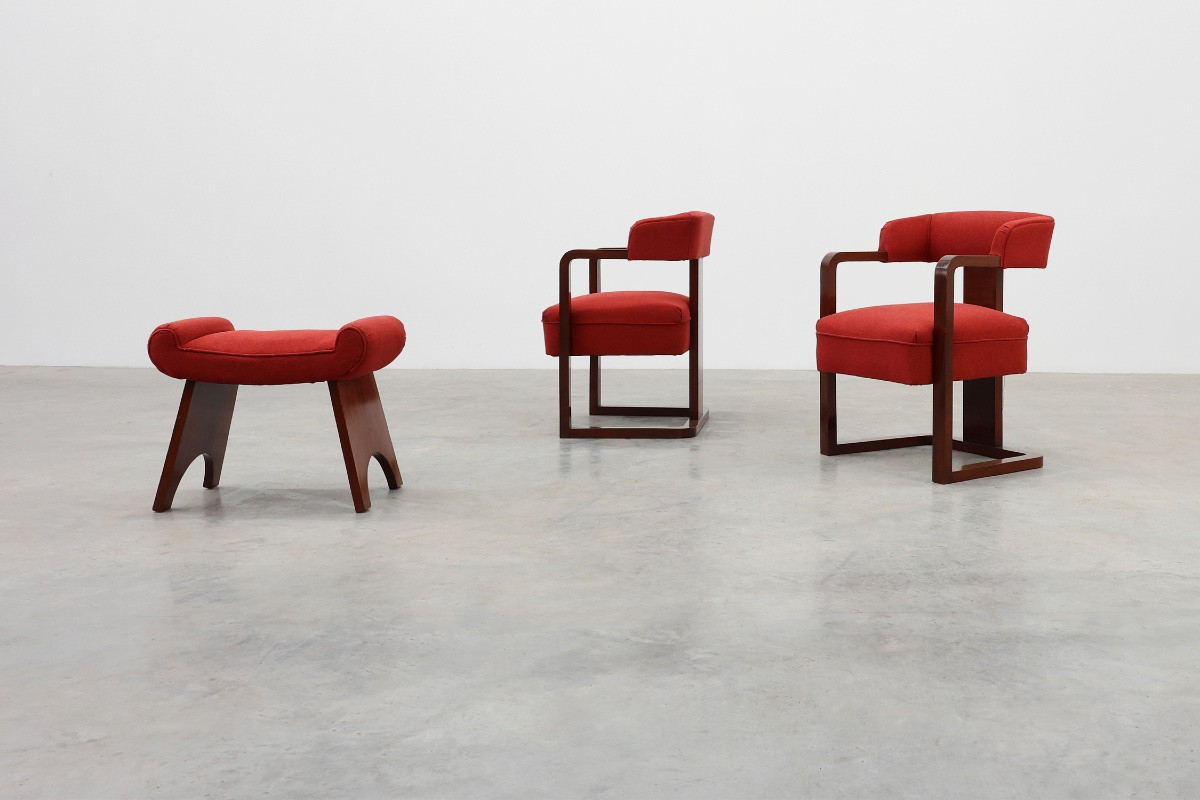 Reupholstered Red Art Deco Stool, Belgium Circa 1920-photo-1