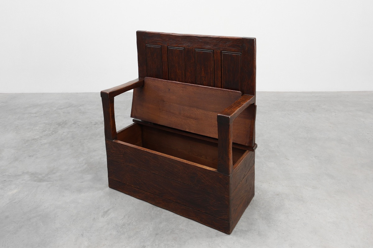 Rustic Bench In Solid Carved Oak With Storage Compartment, France, 19th Century-photo-2
