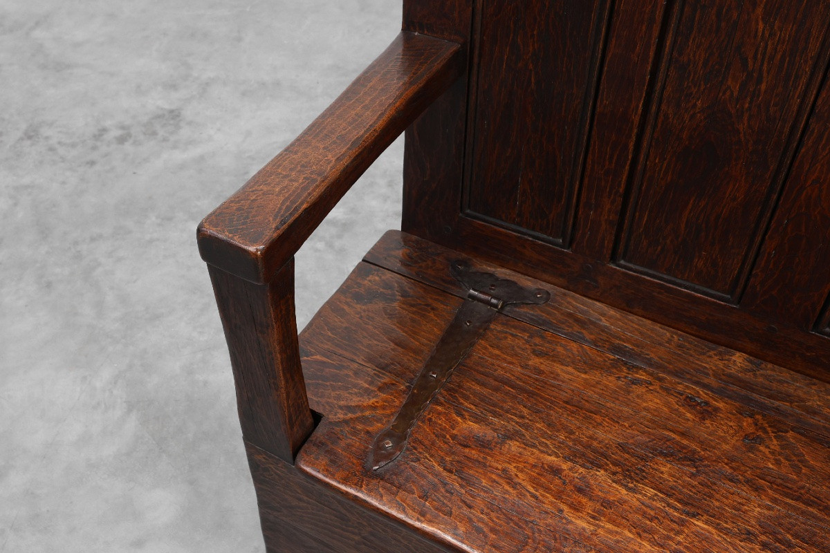 Rustic Bench In Solid Carved Oak With Storage Compartment, France, 19th Century-photo-3