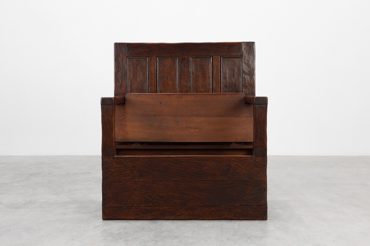 Rustic Bench In Solid Carved Oak With Storage Compartment, France, 19th Century-photo-2