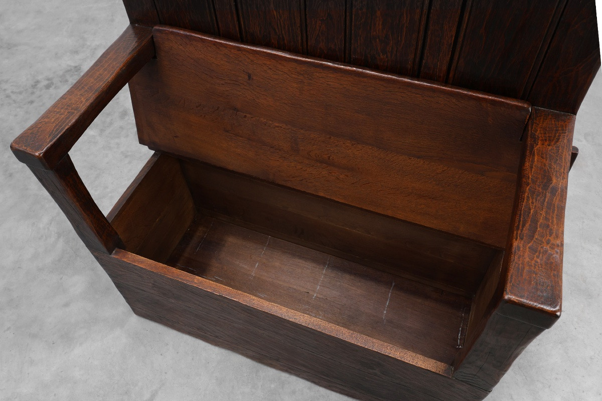 Rustic Bench In Solid Carved Oak With Storage Compartment, France, 19th Century-photo-3