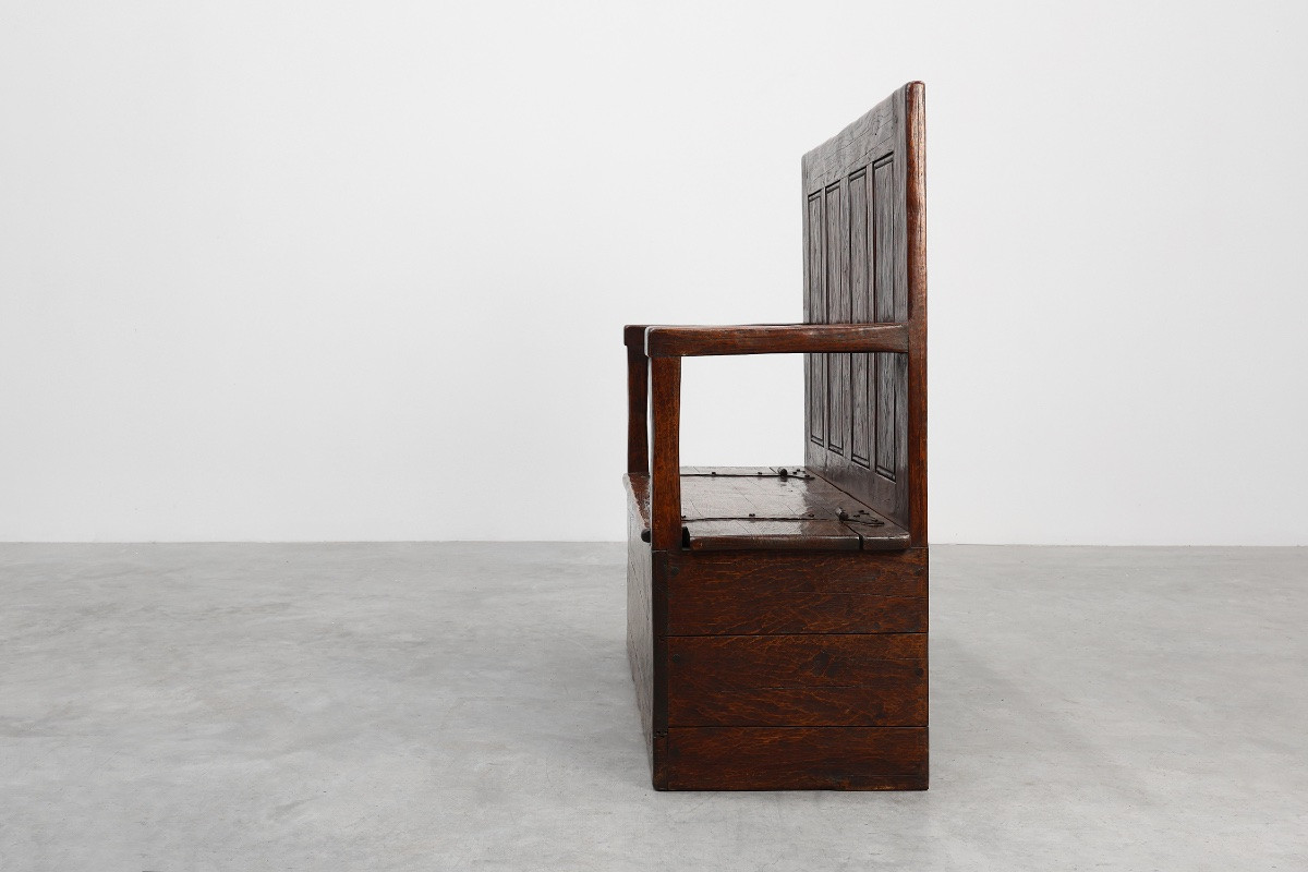Rustic Bench In Solid Carved Oak With Storage Compartment, France, 19th Century-photo-4