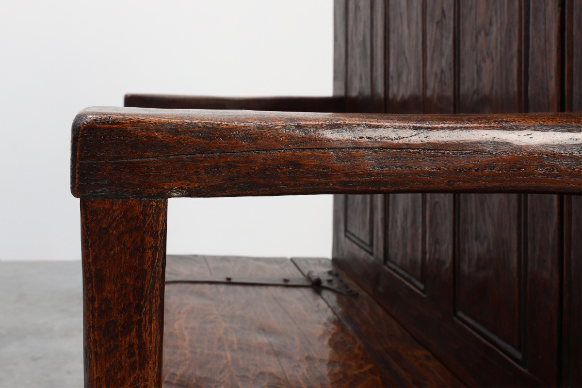 Rustic Bench In Solid Carved Oak With Storage Compartment, France, 19th Century-photo-5